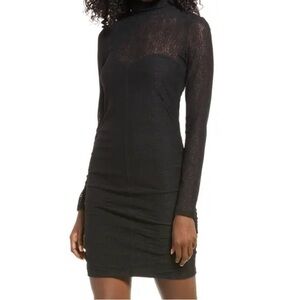 Open Edit Lace Semi Sheer Long Sleeve Minidress XXS